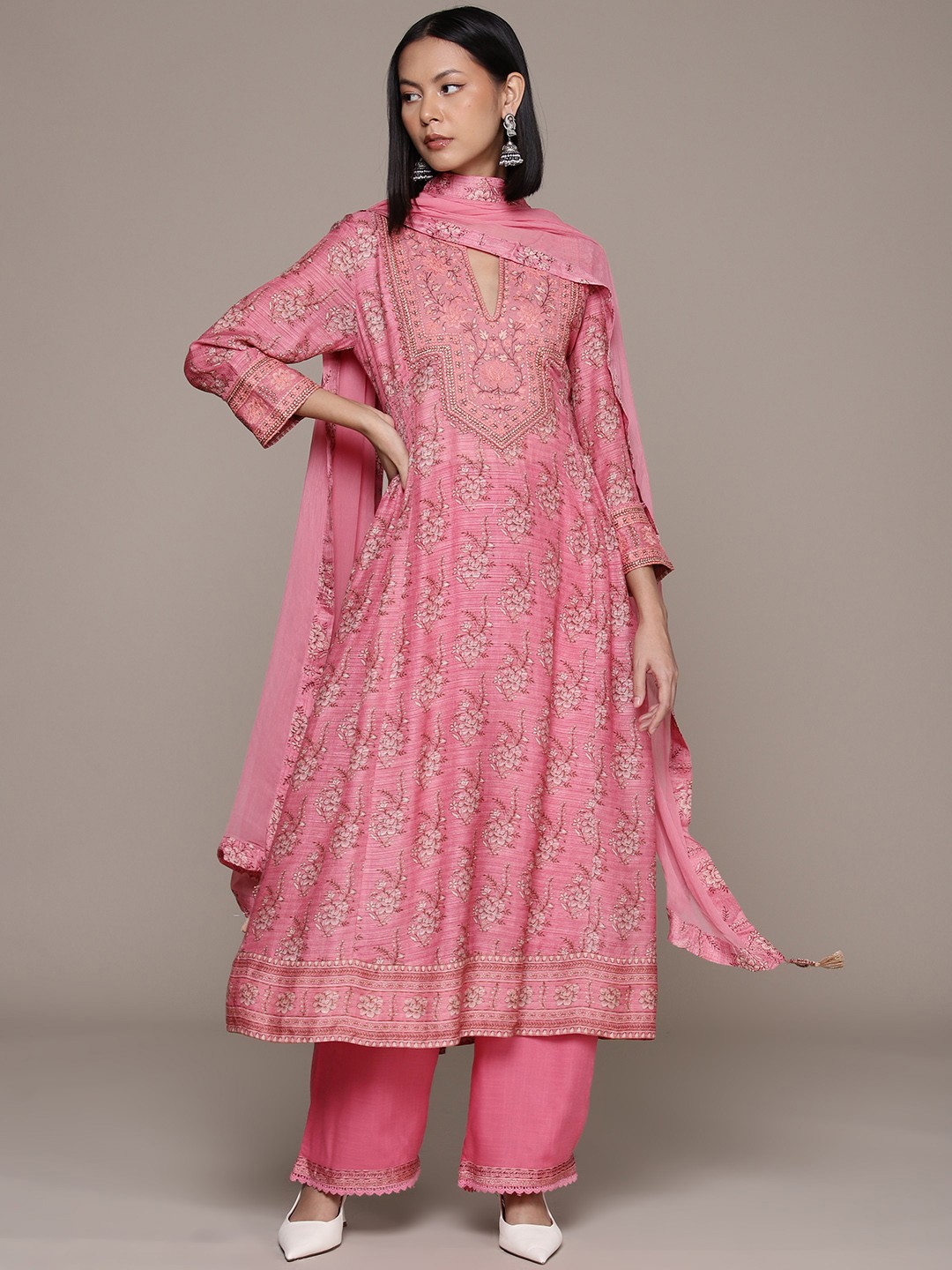 

Ritu Kumar Women Floral Printed Regular Kurta with Palazzos & With Dupatta, Mauve