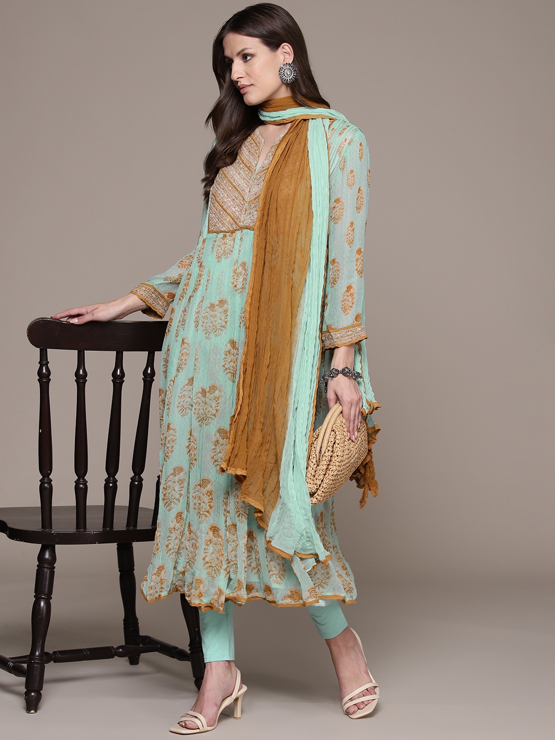 

Ritu Kumar Women Ethnic Motifs Printed Pleated Kurta With Dupatta, Sea green