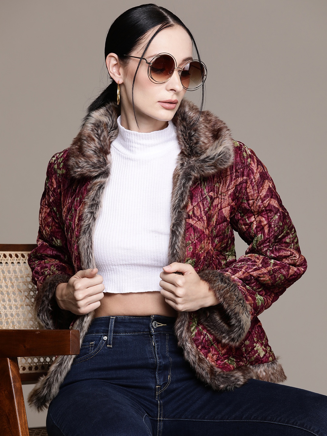 

Ritu Kumar Women Open Front Faux Fur Quilted Jacket, Red