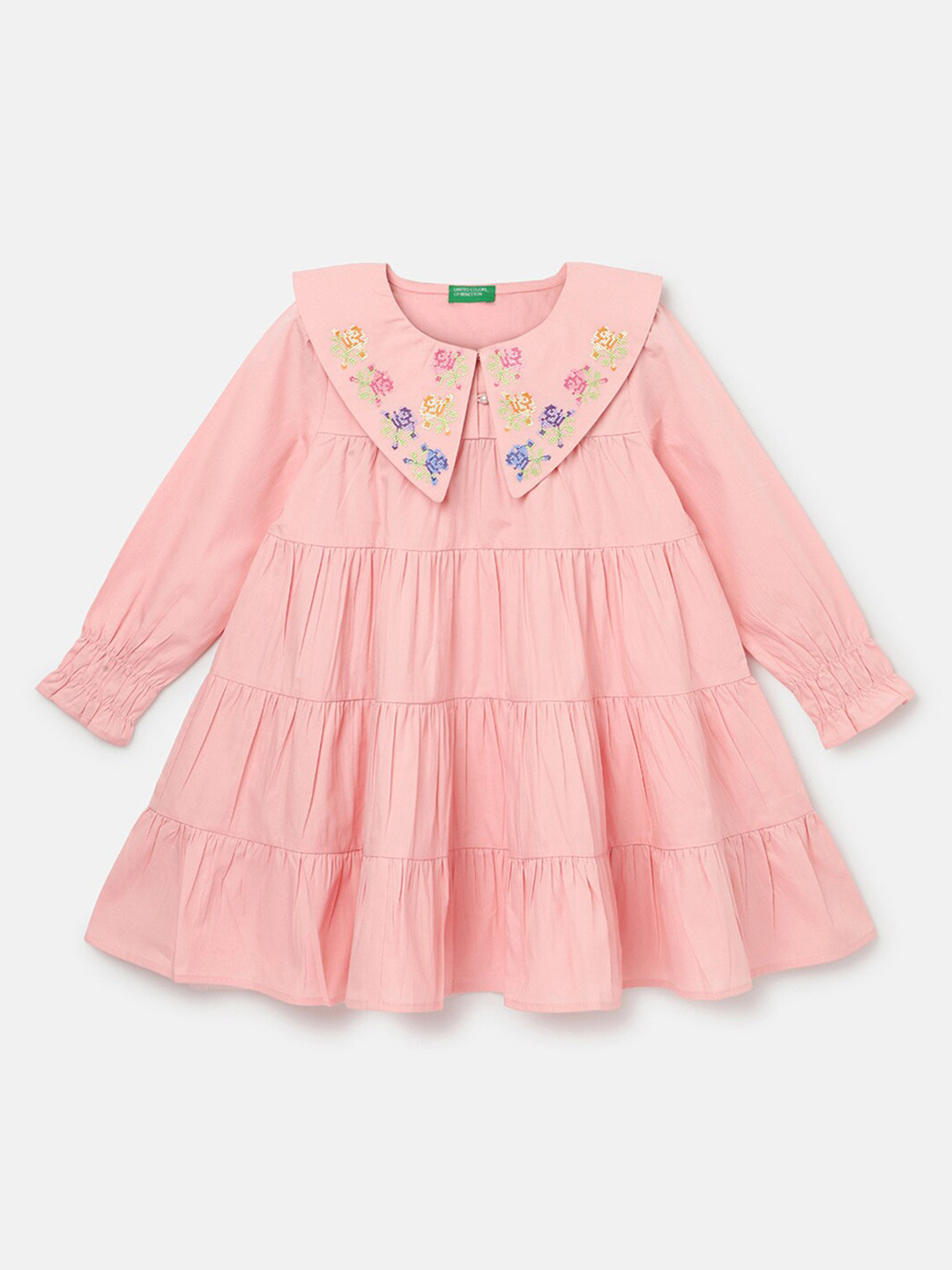 

United Colors of Benetton Girls Cuban Collar Puff Sleeves Cotton A-Line Dress, Pink