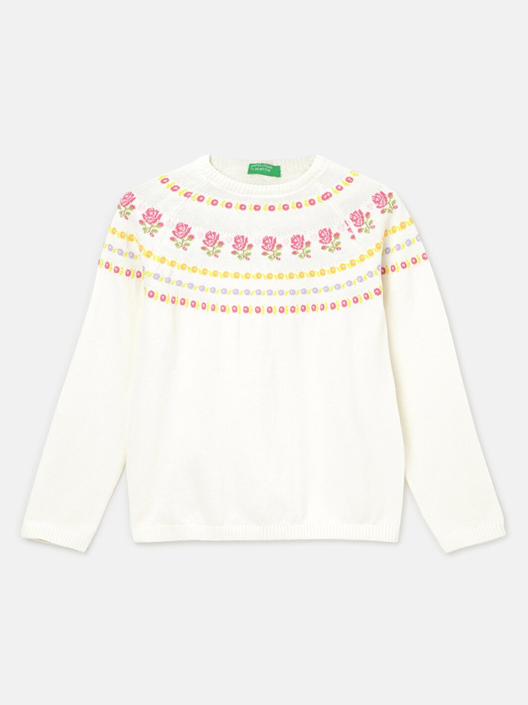 

United Colors of Benetton Girls Floral Printed Cotton Pullover, White