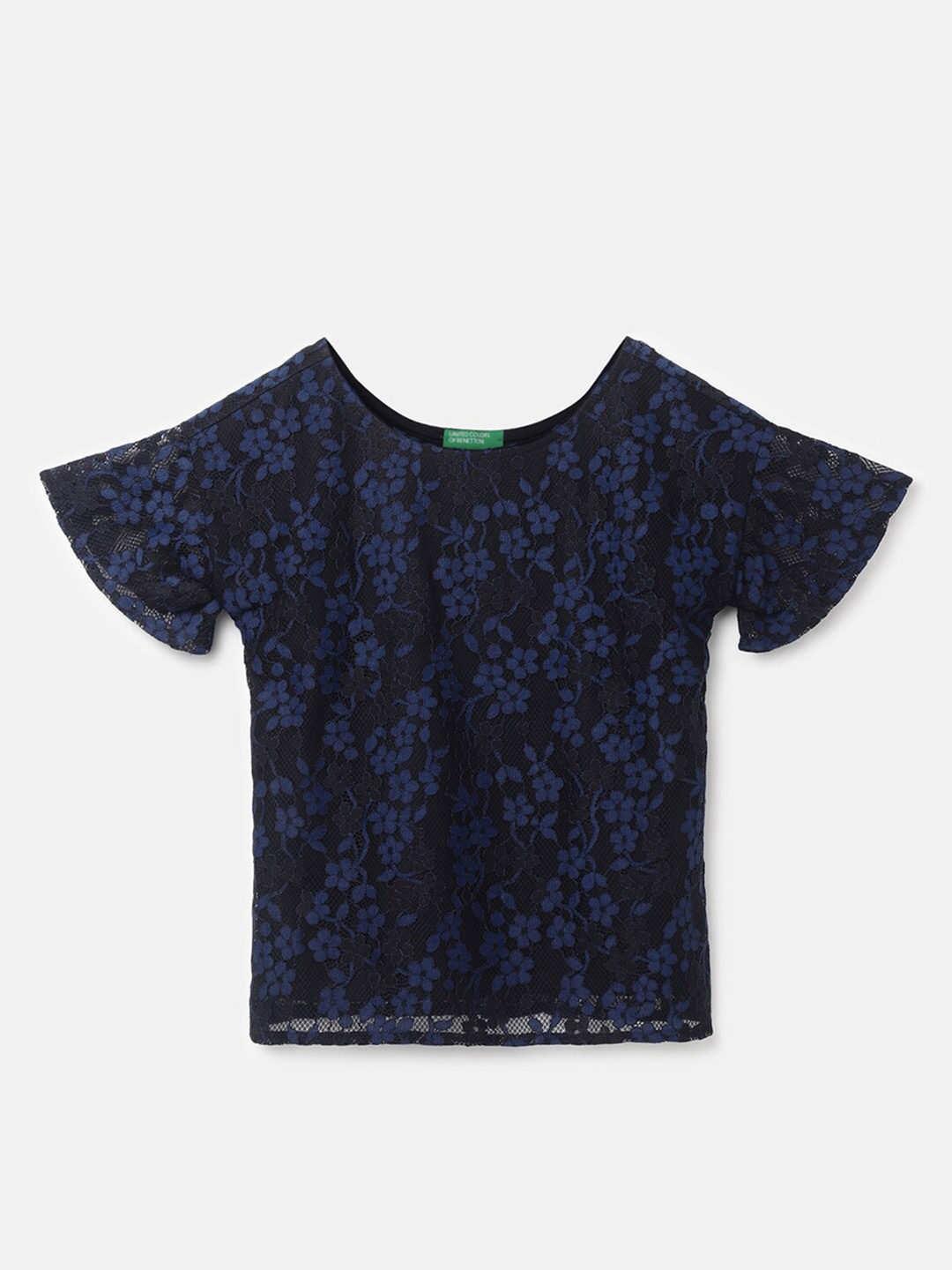 

United Colors of Benetton Girls Floral Embroidered Flared Sleeves Top, Navy blue
