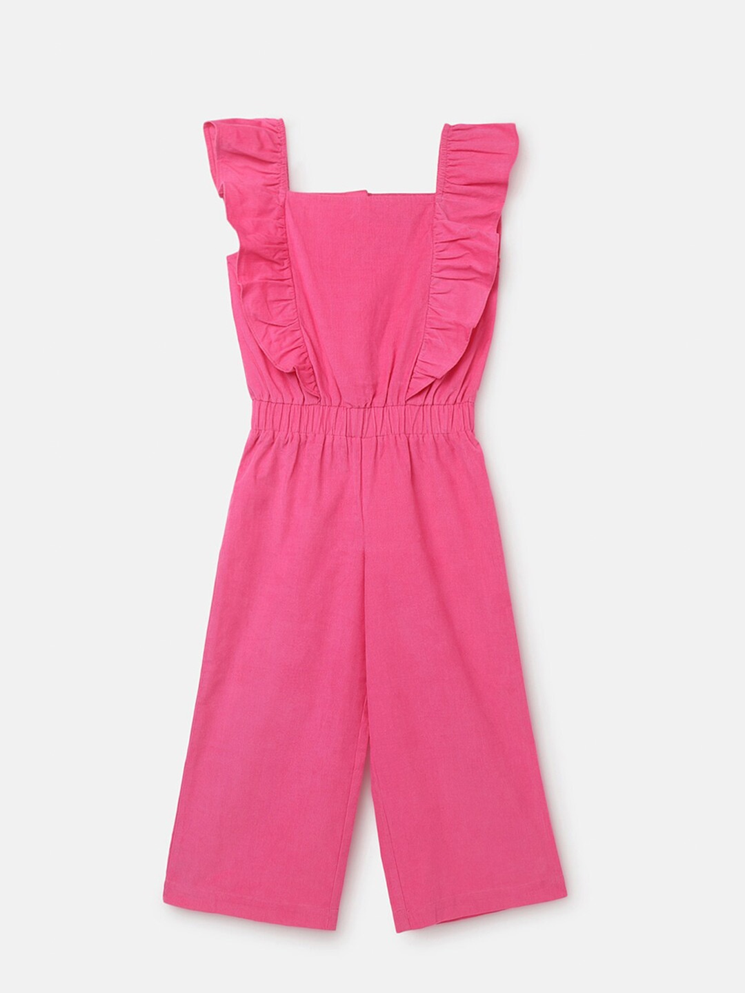 

United Colors of Benetton Girls Square Neck Ruffled Cotton Basic Jumpsuit, Fuchsia