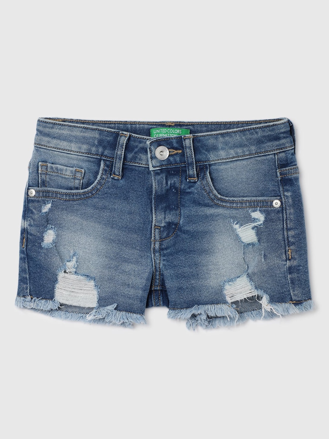 

United Colors of Benetton Girls Mid Rise Washed Cotton Denim Shorts, Blue