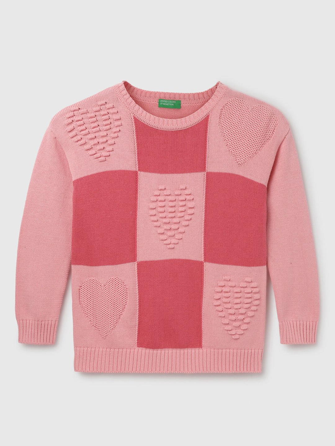 

United Colors of Benetton Girls Checked Cotton Pullover Sweater, Pink