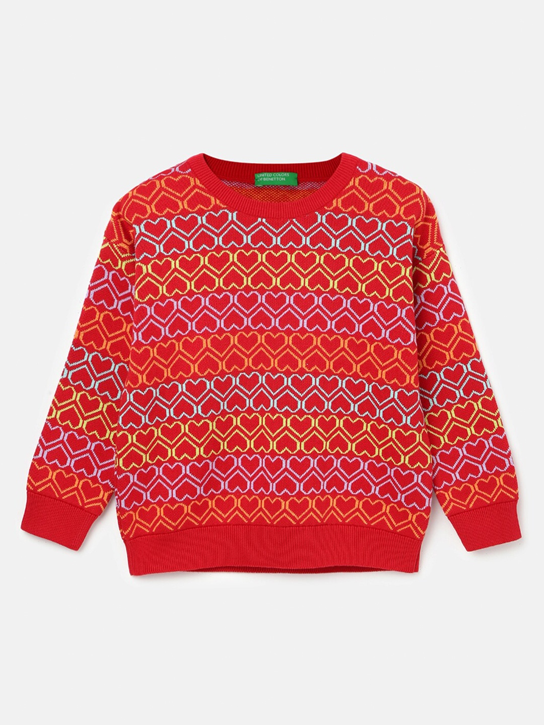 

United Colors of Benetton Girls Conversational Printed Cotton Pullover Sweater, Red