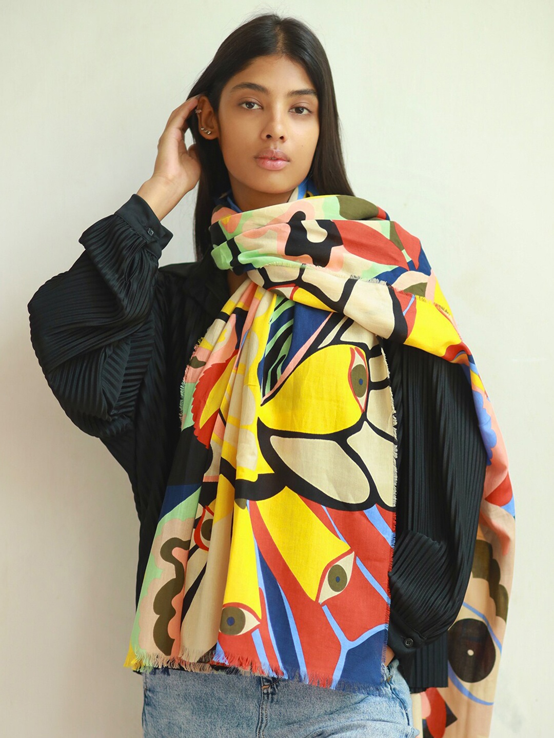 

Ayesha Evil Eye & Butterfly Printed Scarf, Red