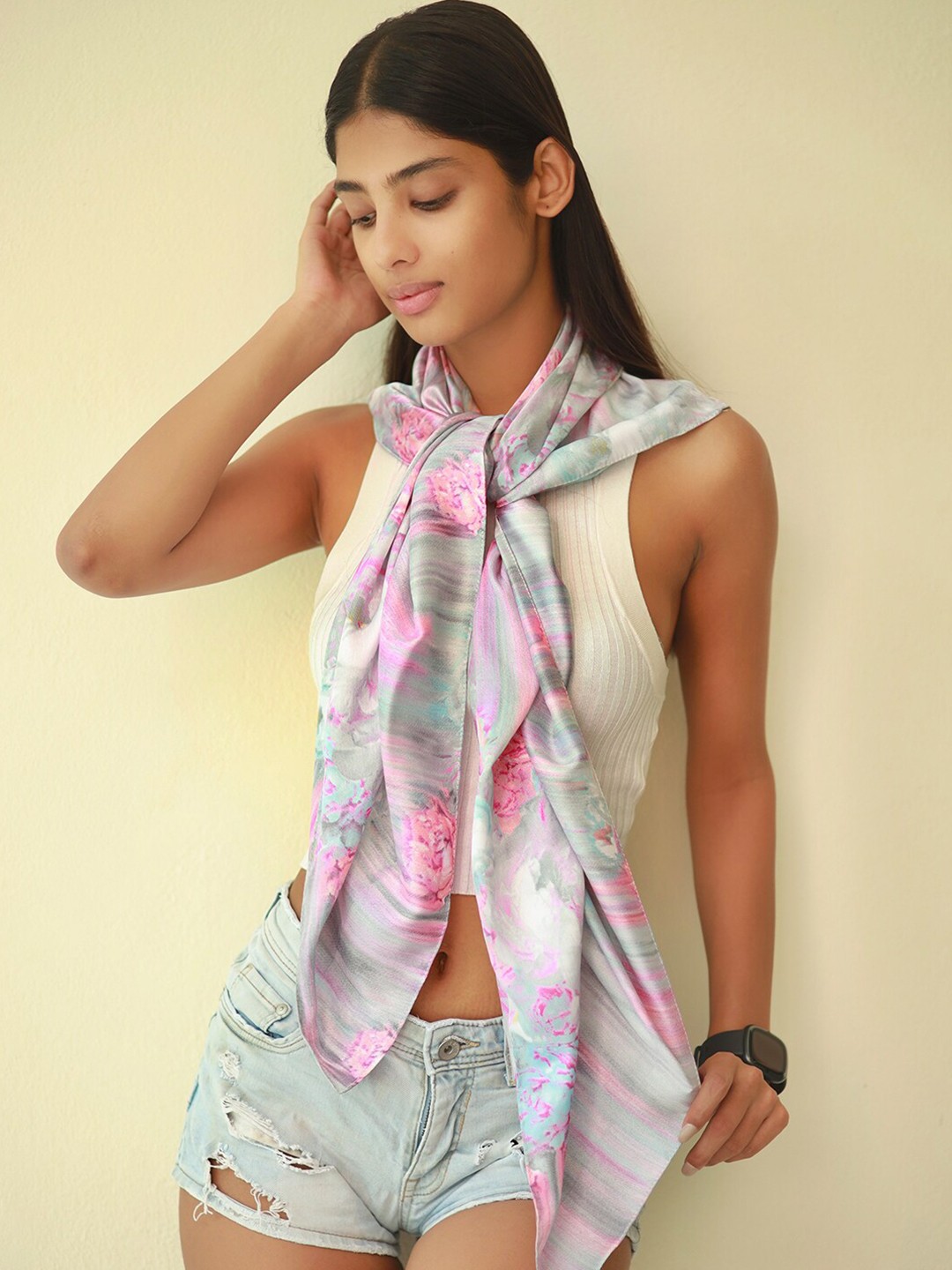 

Ayesha Floral Printed Satin Scarf, Grey
