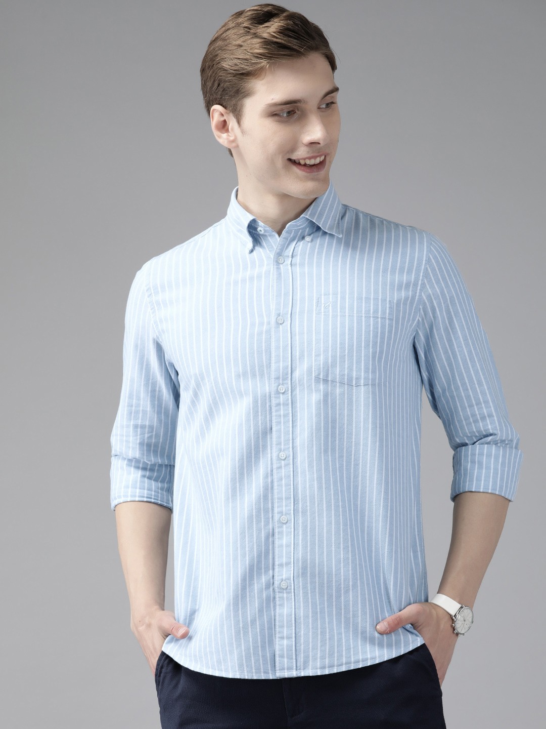 

Blackberrys Slim Fit Vertically Striped Pure Cotton Casual Shirt, Blue