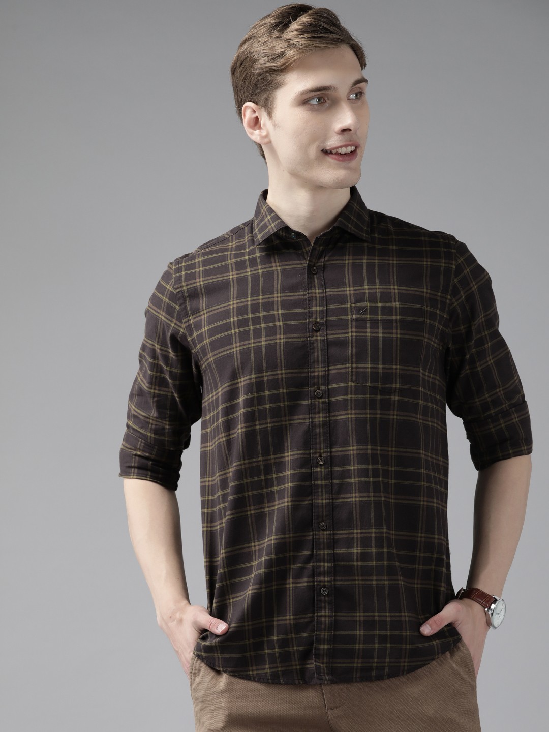 

Blackberrys Slim Fit Tartan Checked Pure Cotton Casual Shirt, Brown