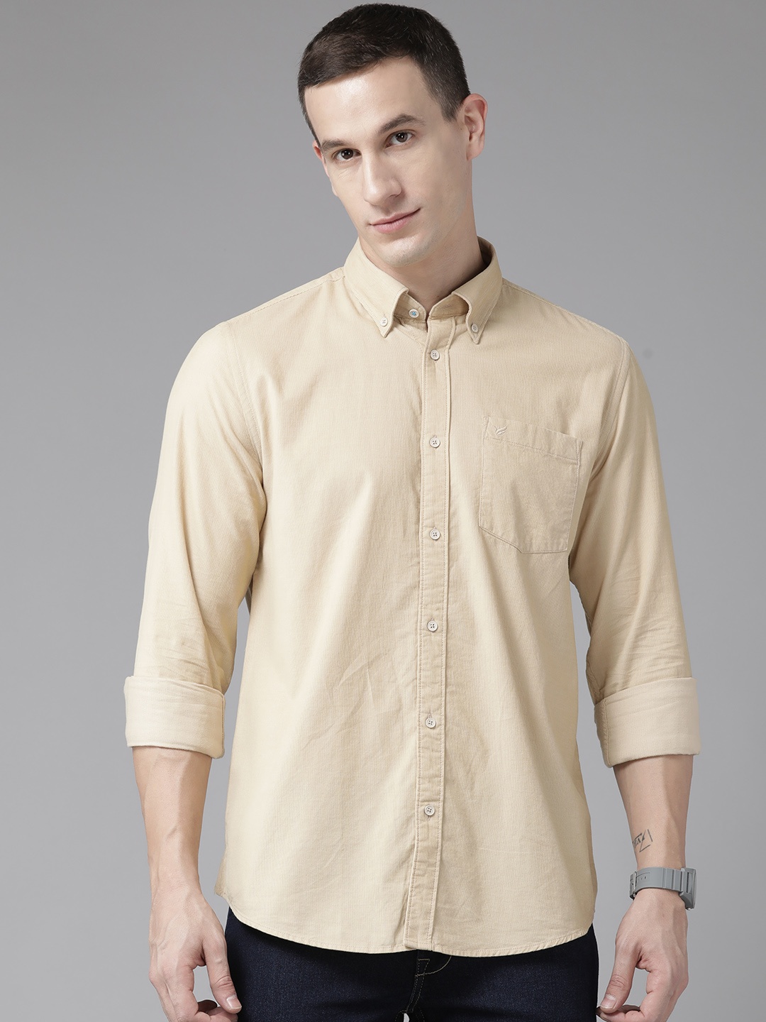 

Blackberrys Corduroy Slim Fit Opaque Casual Shirt, Beige