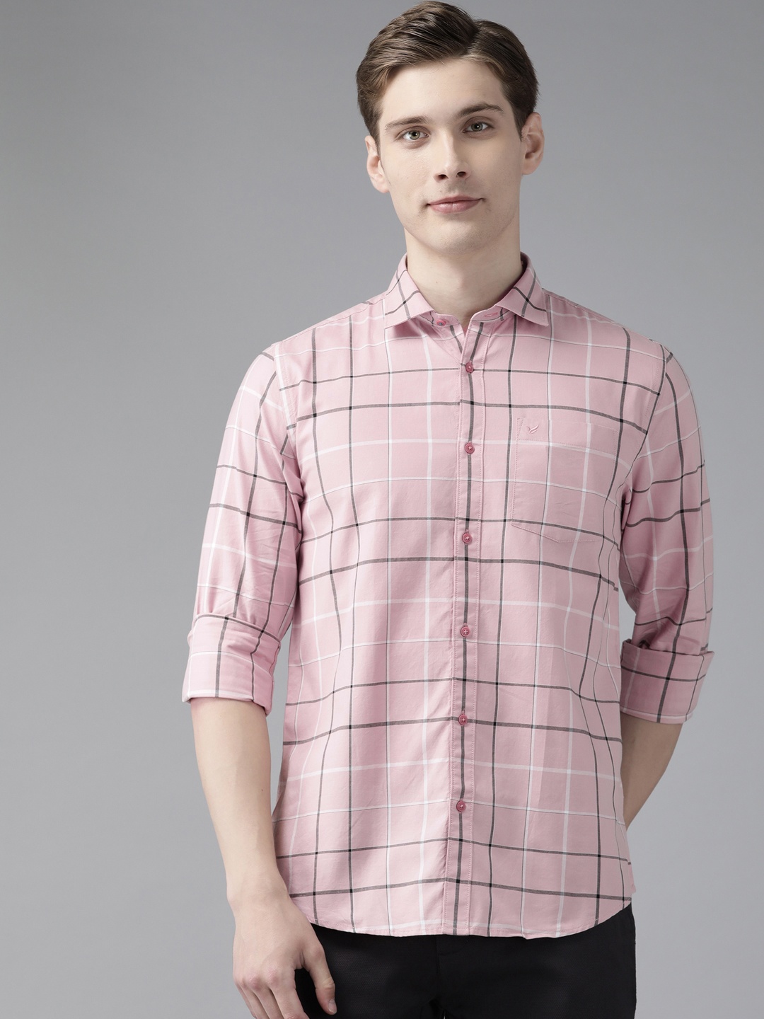 

Blackberrys Slim Fit Grid Tattersall Checked Pure Cotton Casual Shirt, Pink