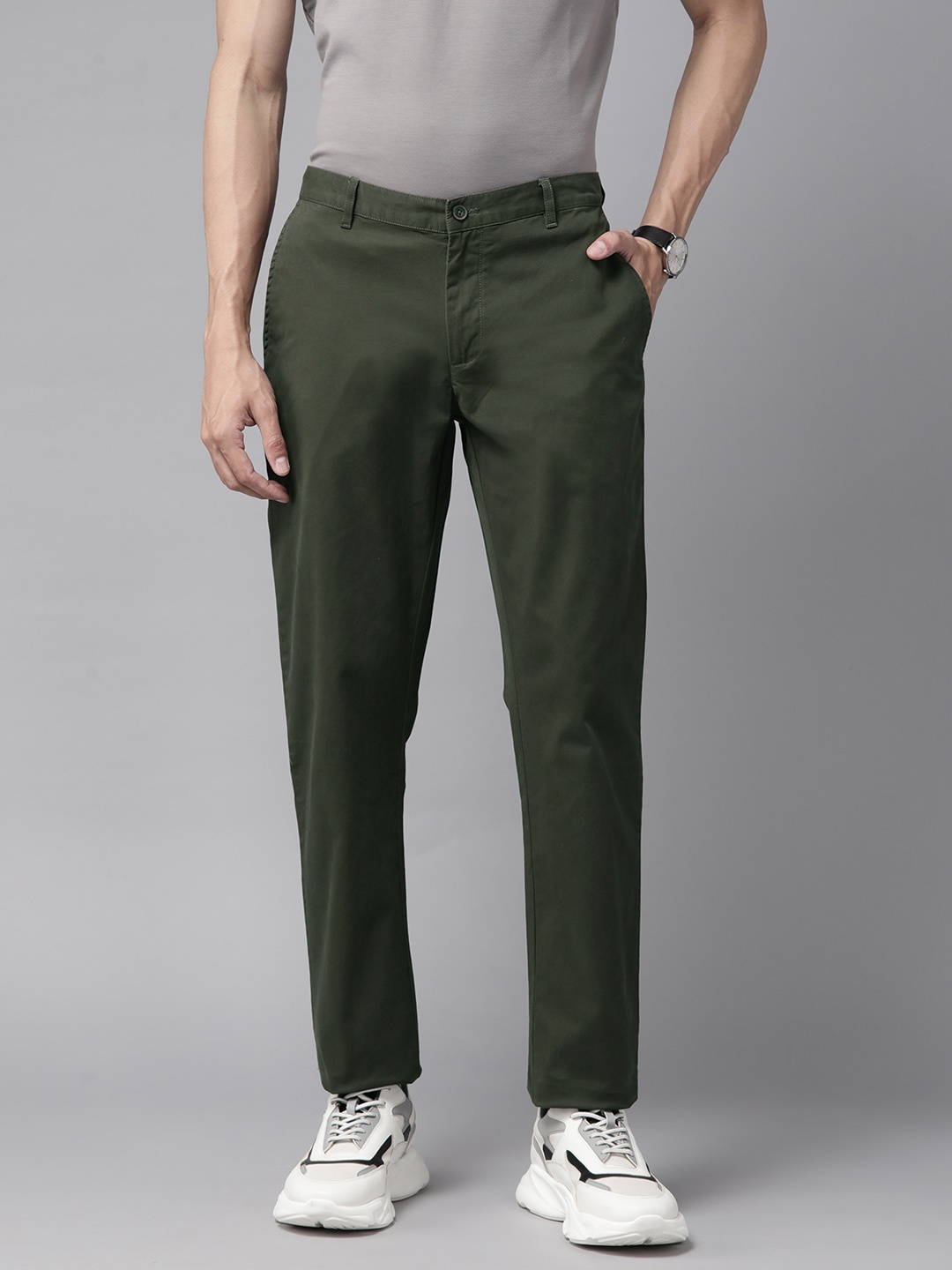 Blackberrys Men Solid Slim Fit Trousers, Olive