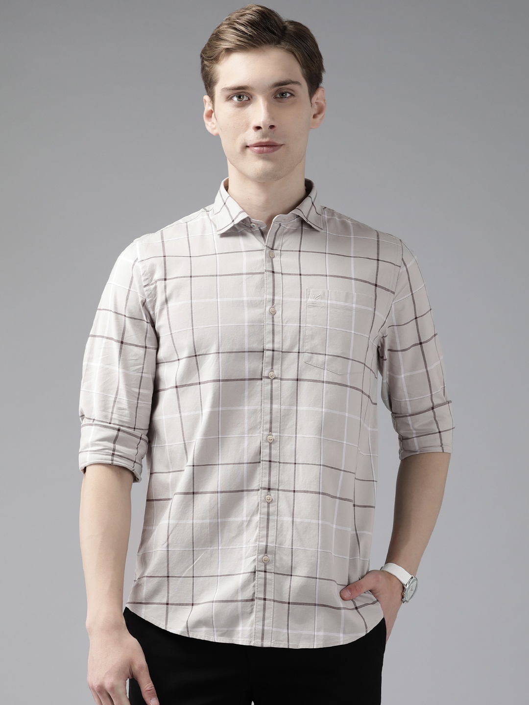 

Blackberrys Slim Fit Grid Tattersall Checked Pure Cotton Casual Shirt, Grey