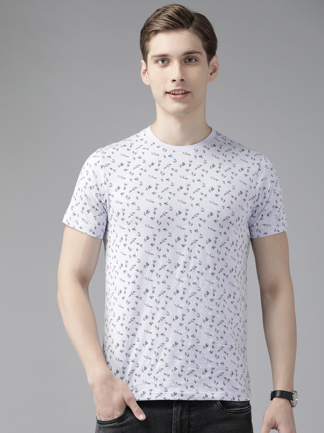 

Blackberrys Floral Printed Slim Fit Pure Cotton T-shirt, Blue