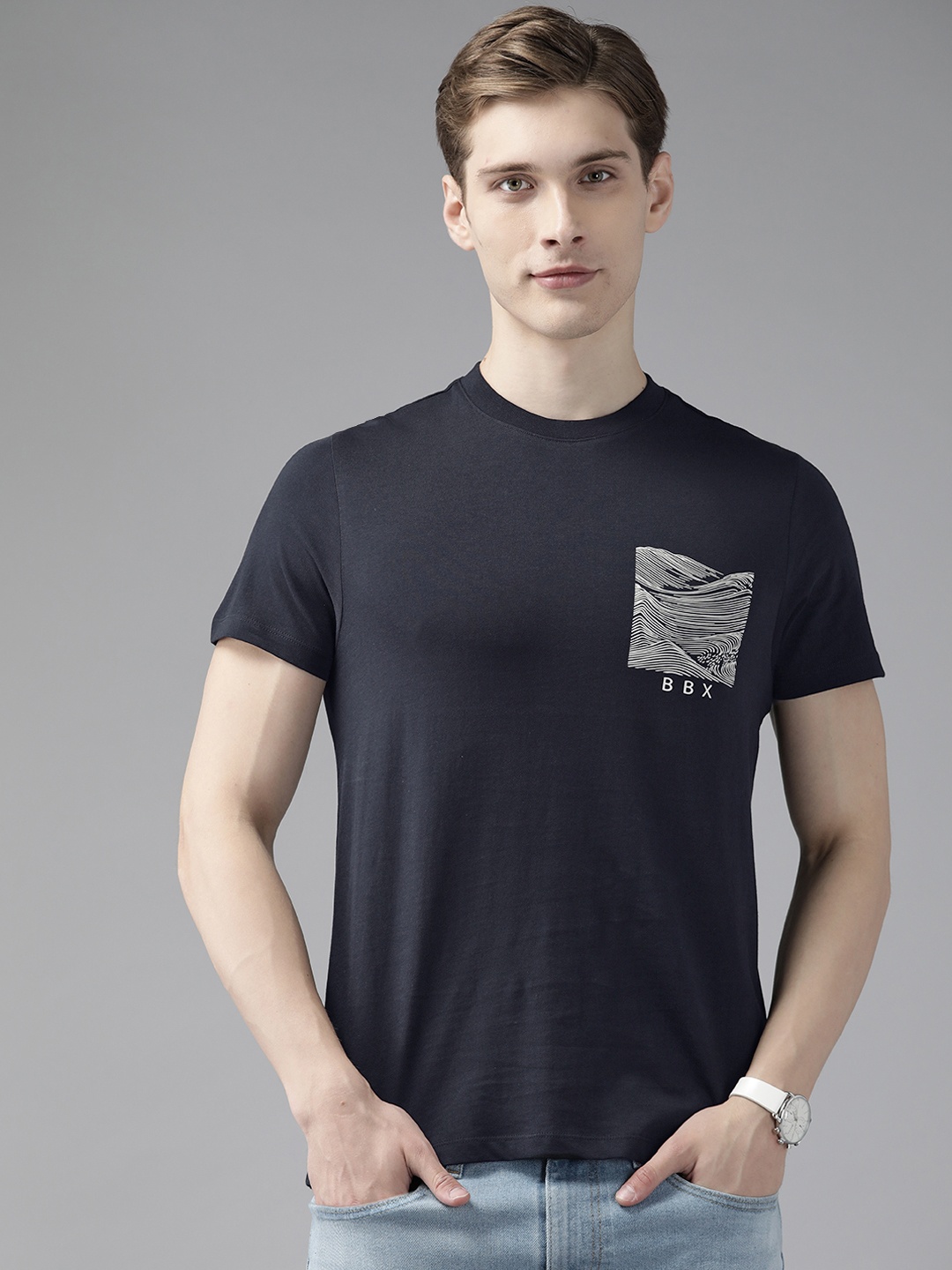 

Blackberrys Graphic Printed Slim Fit Pure Cotton T-shirt, Navy blue