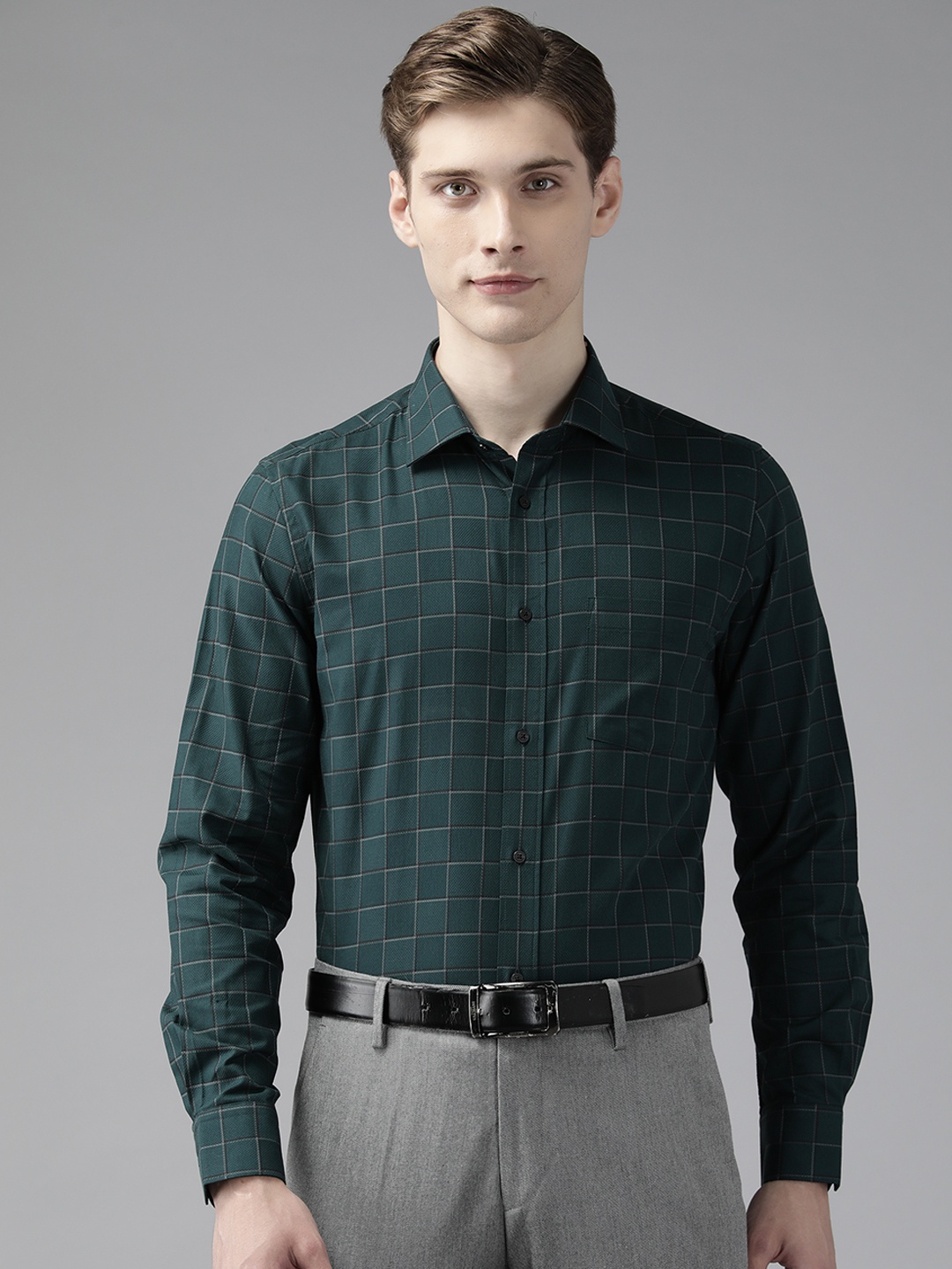 

Blackberrys Slim Fit Grid Tattersall Checked Pure Cotton Formal Shirt, Green