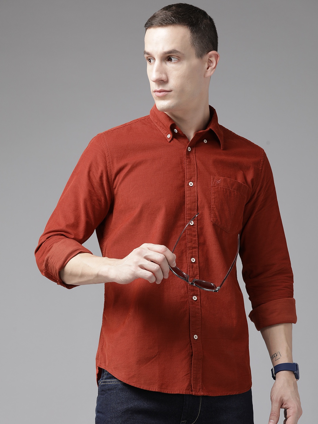

Blackberrys Men Slim Fit Pure Cotton Corduroy Casual Shirt, Rust