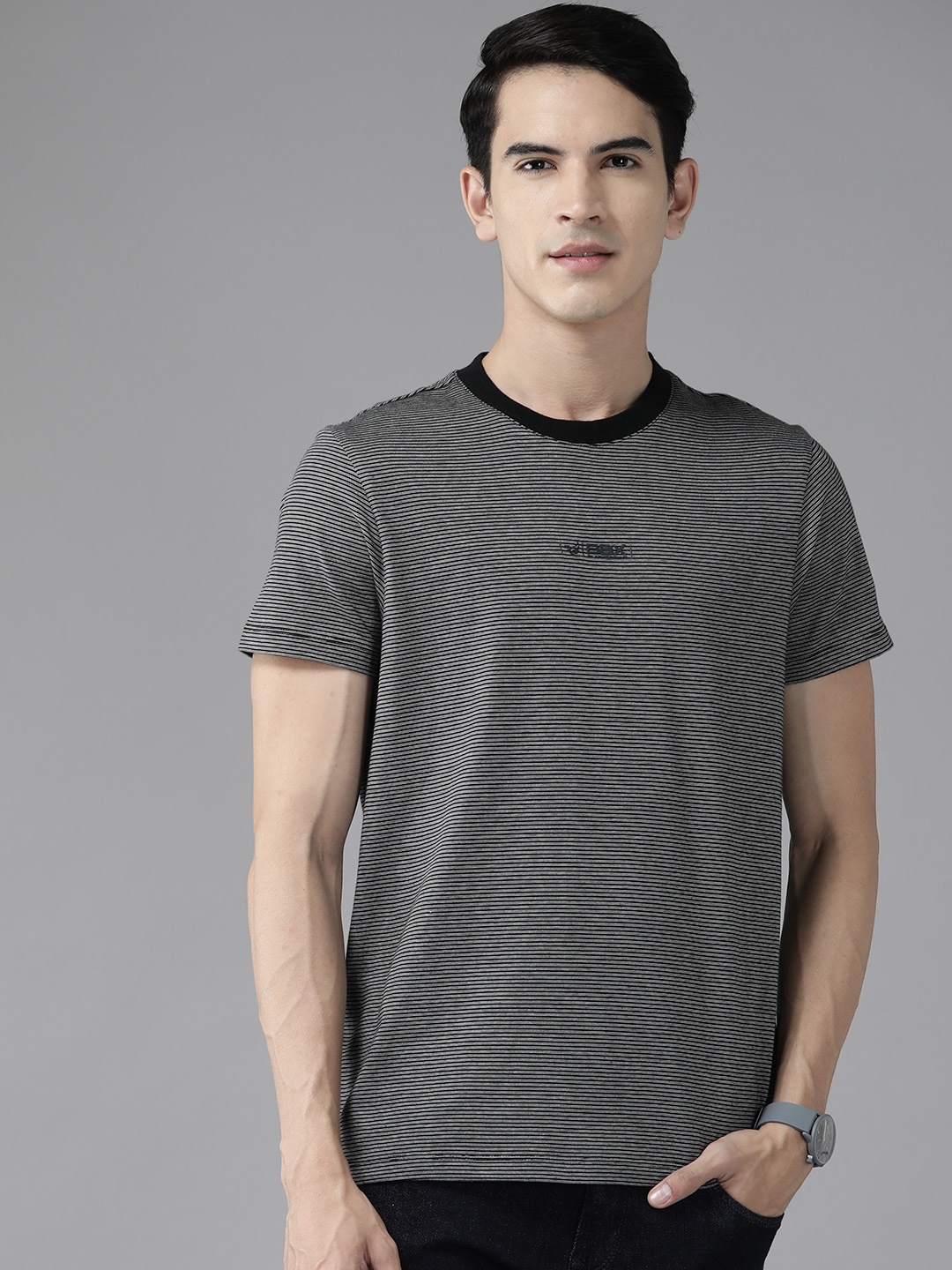 

Blackberrys Striped Pure Cotton Slim Fit T-shirt, Grey