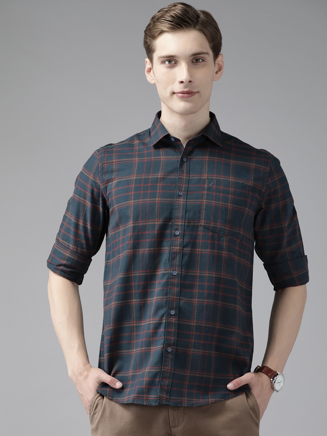 

Blackberrys Slim Fit Tartan Checked Pure Cotton Casual Shirt, Navy blue