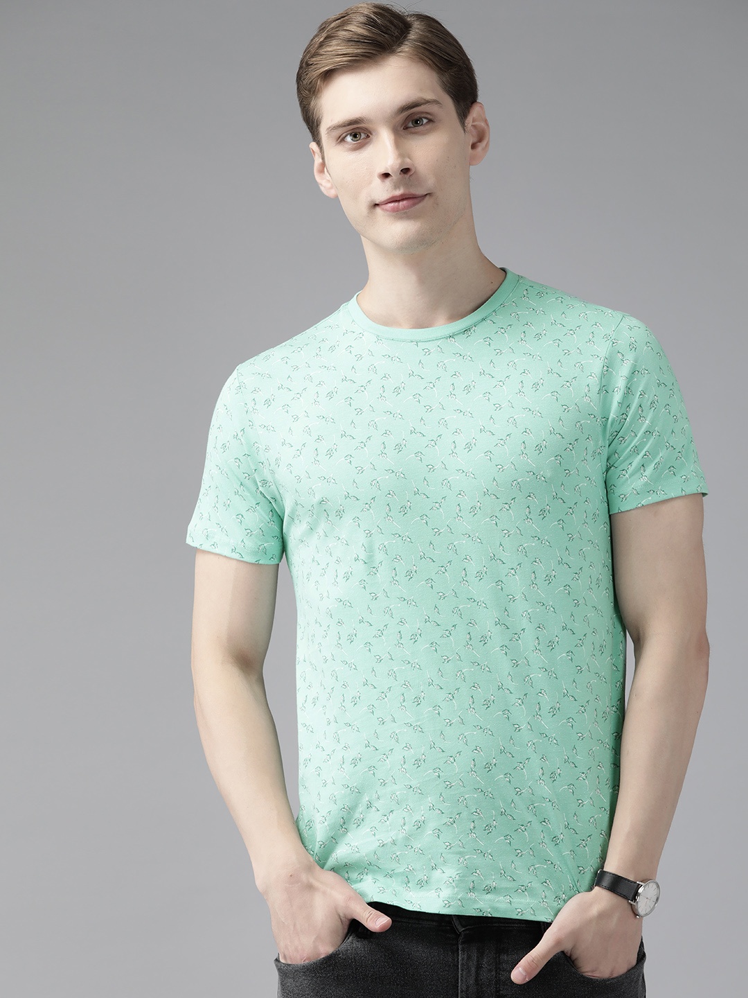 

Blackberrys Floral Printed Slim Fit Pure Cotton T-shirt, Green