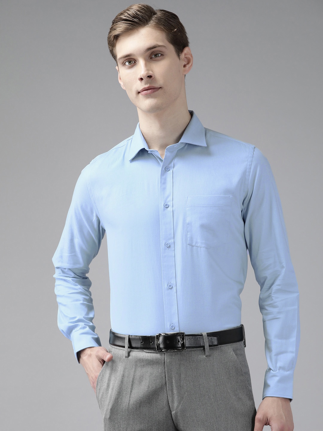 

Blackberrys Men Pure Cotton Textured India Slim Formal Shirt, Blue