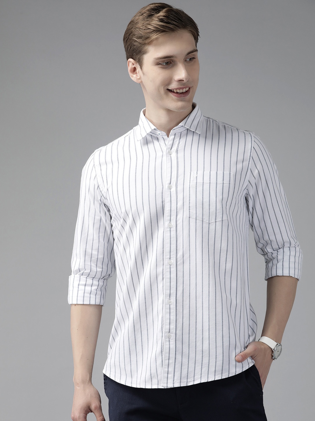 

Blackberrys Men Slim Fit Pure Cotton Striped Casual Shirt, White