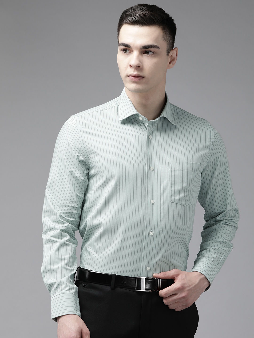 

Blackberrys Men Slim Fit Pure Cotton Striped Formal Shirt, Green
