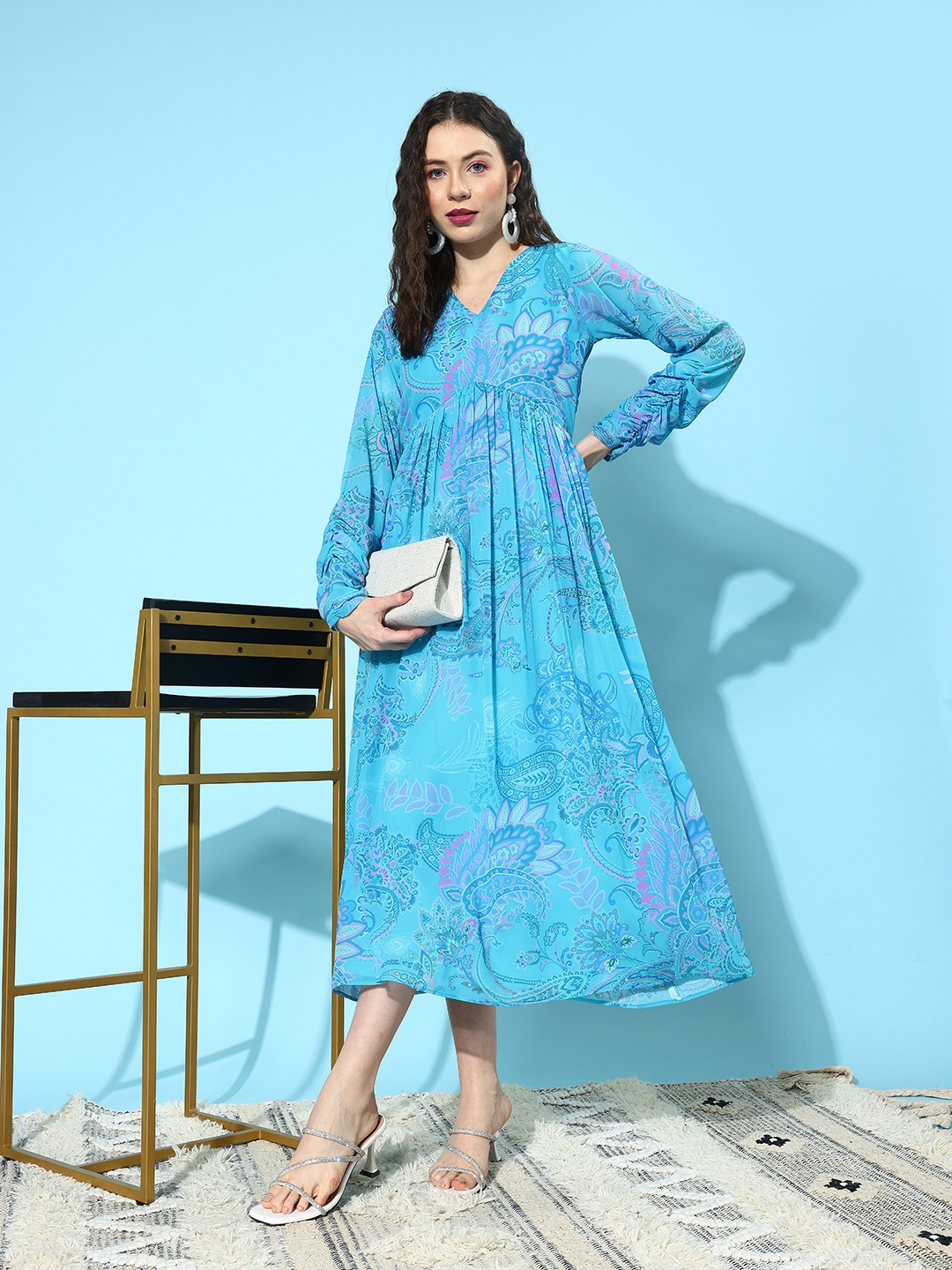 

Kvsfab Ethnic Motifs Print Georgette A-Line Midi Dress, Turquoise blue