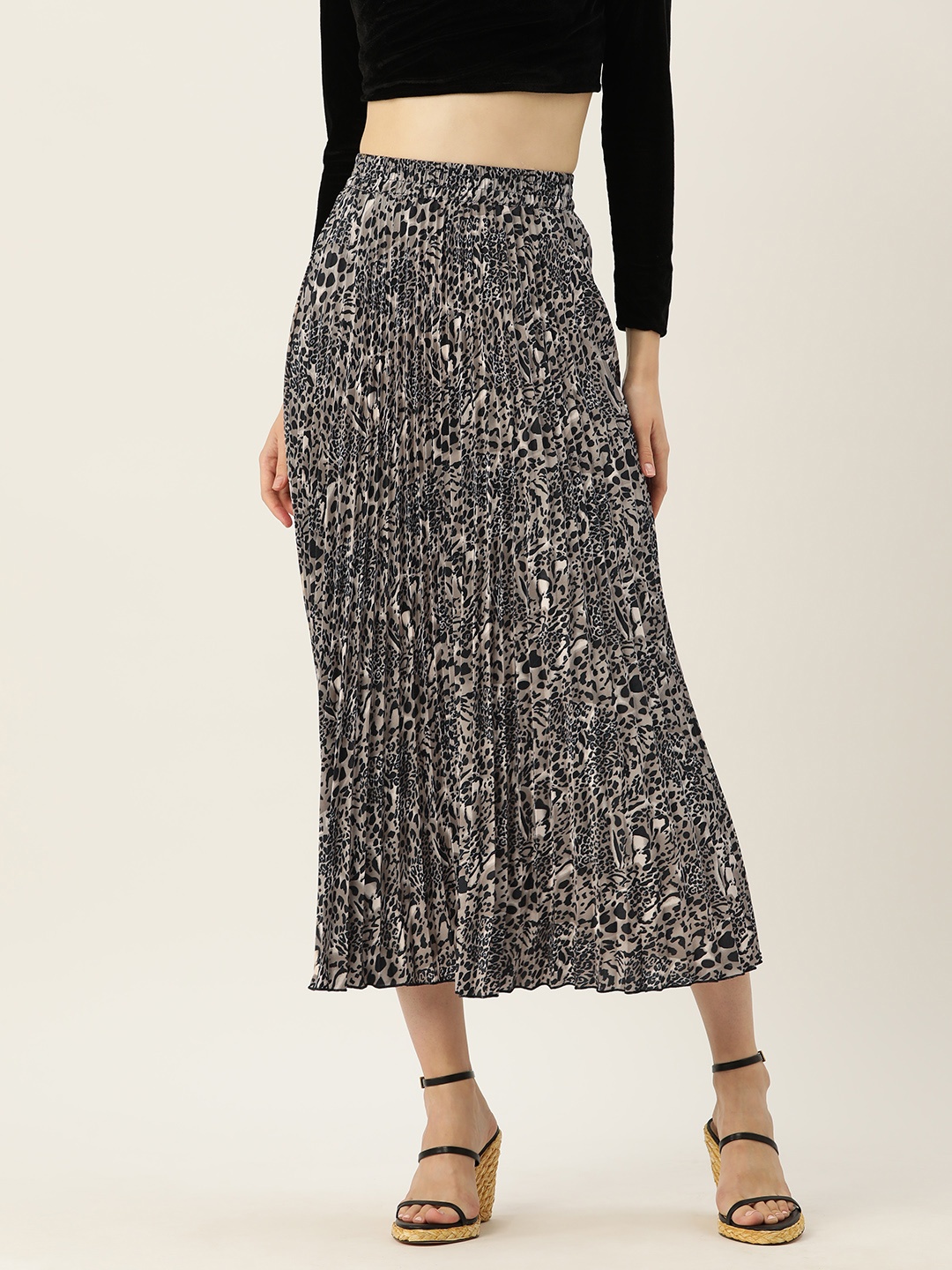 

WISSTLER Animal Printed Crepe Accordion Pleated Midi Skirt, Grey