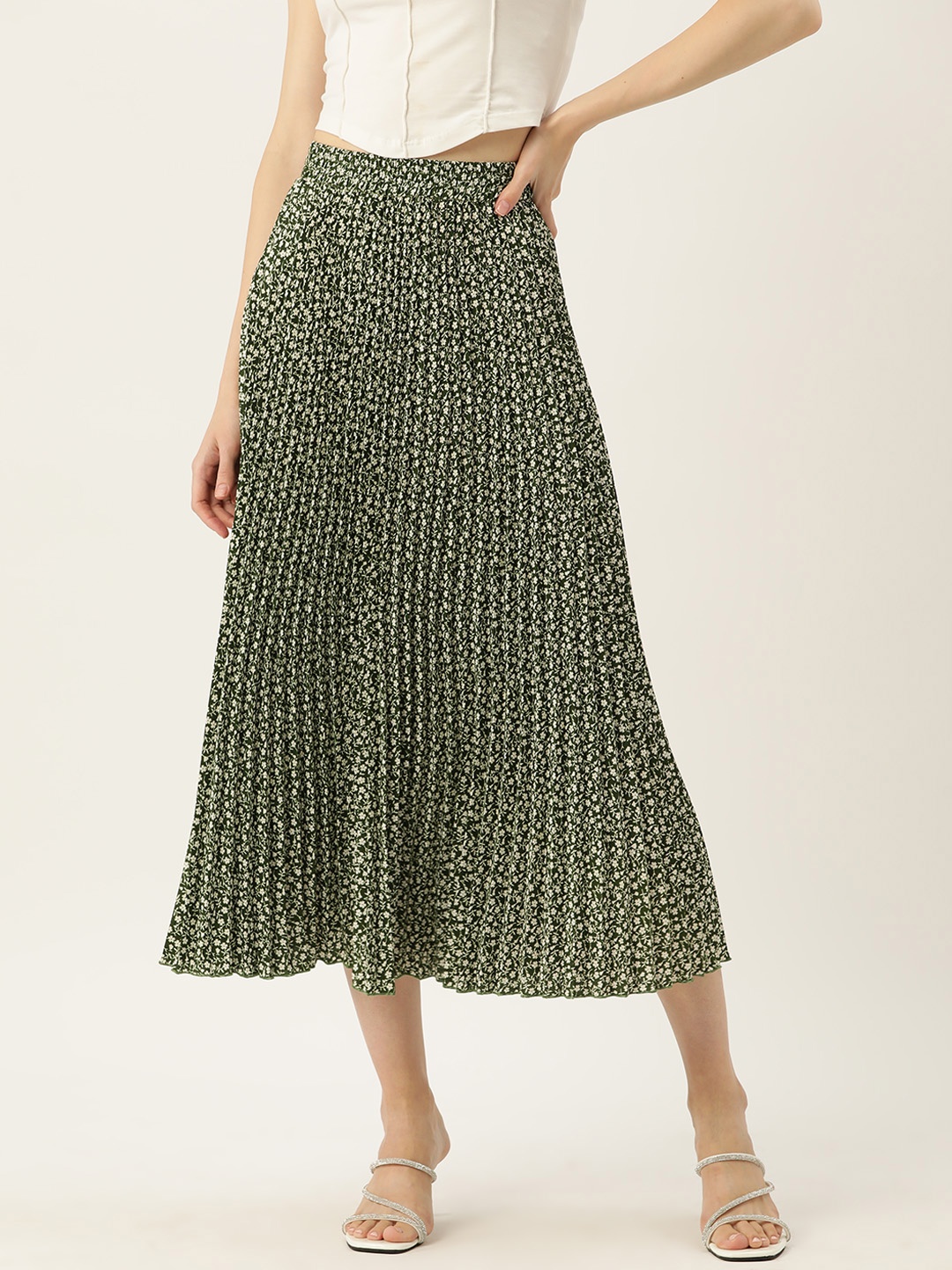 

WISSTLER Floral Printed Gathered Flared Midi Skirt, Green