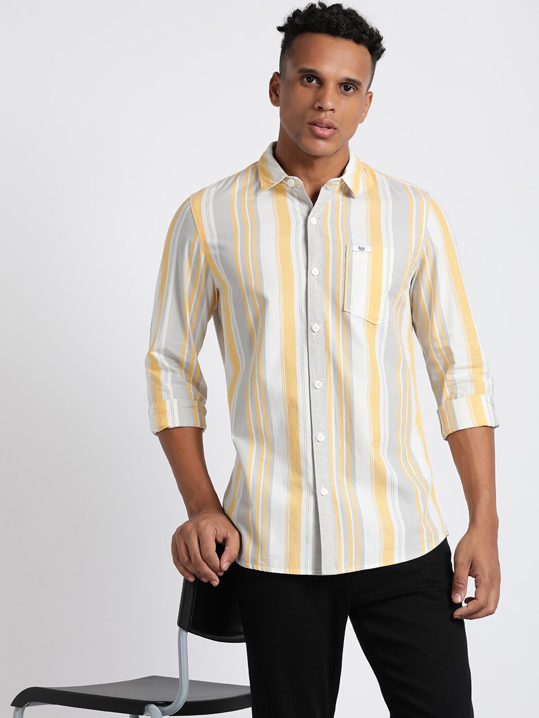 

Lee Spread Collar Slim Fit Striped Casual Cotton Shirt, Yellow