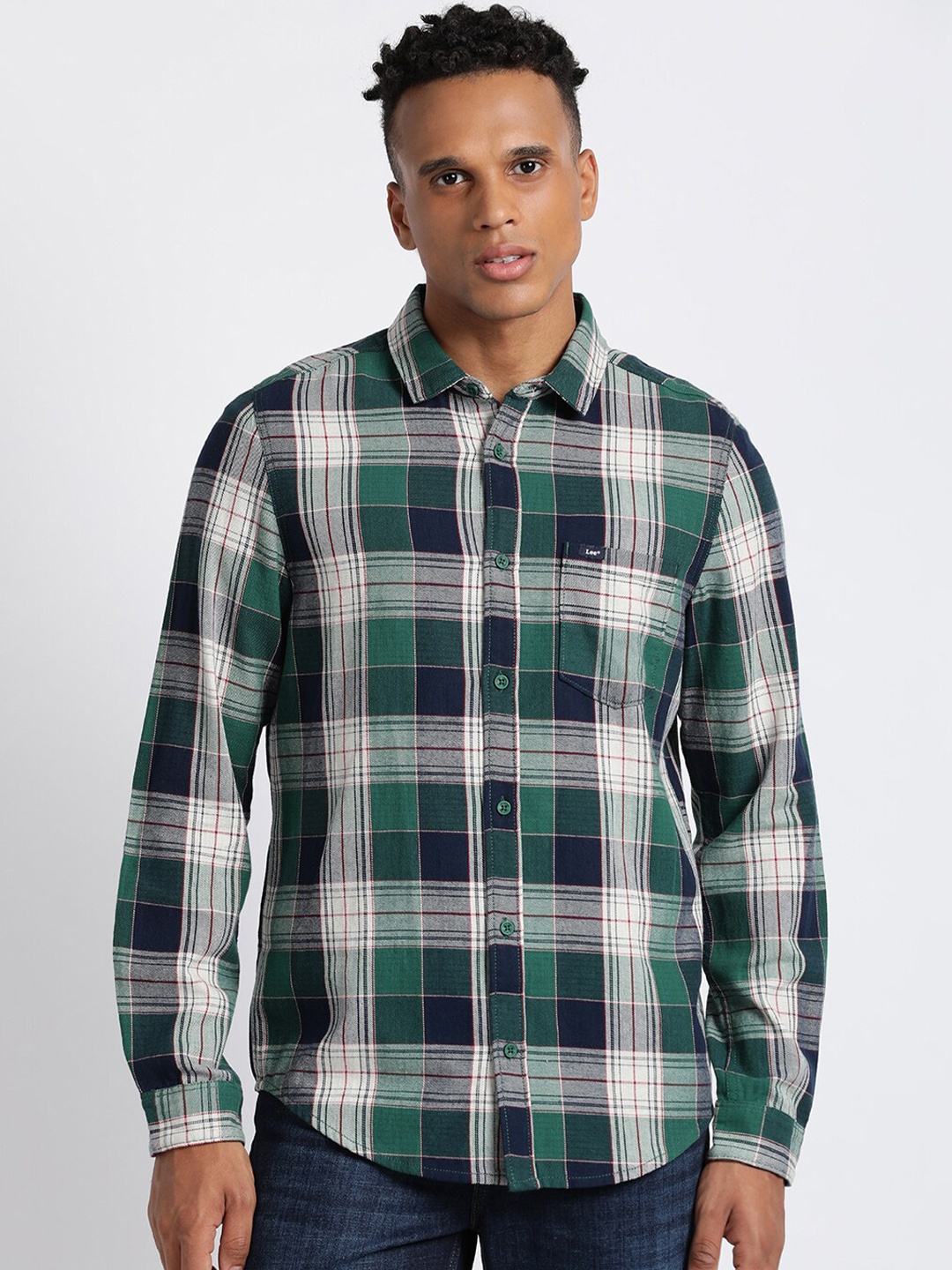 

LeeClassic Spread Collar Tartan Checked Casual Twill Cotton Shirt, Green