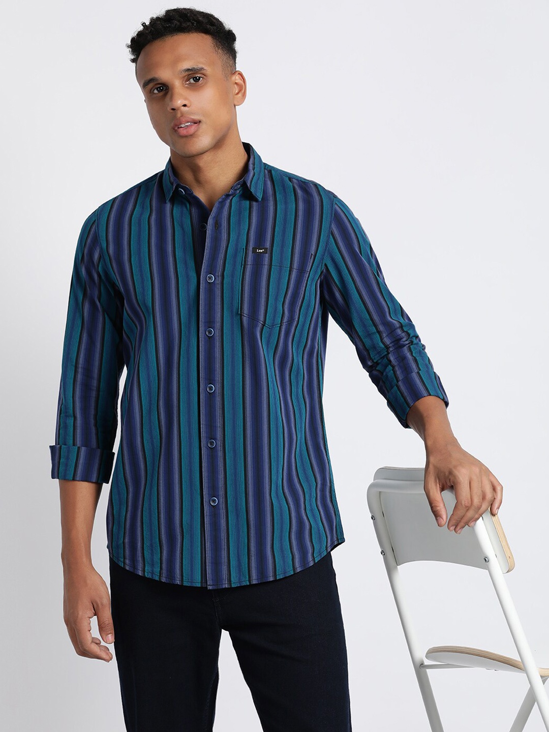 

Lee Spread Collar Slim Fit Striped Casual Cotton Shirt, Blue