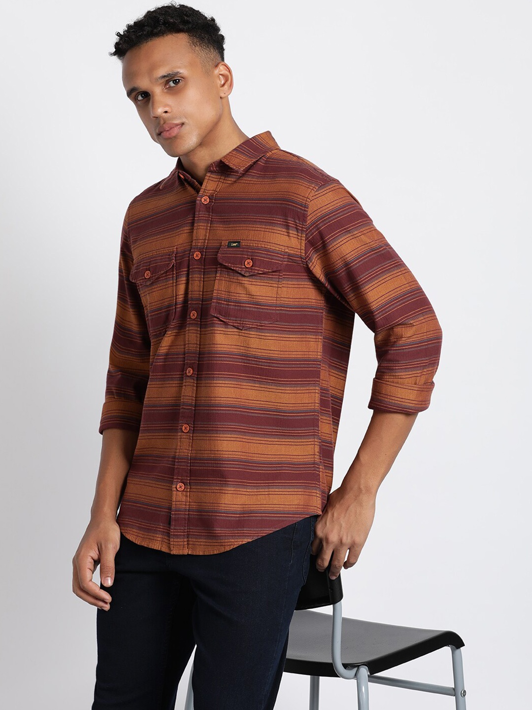 

Lee Comfort Striped Casual Cotton Shirt, Brown