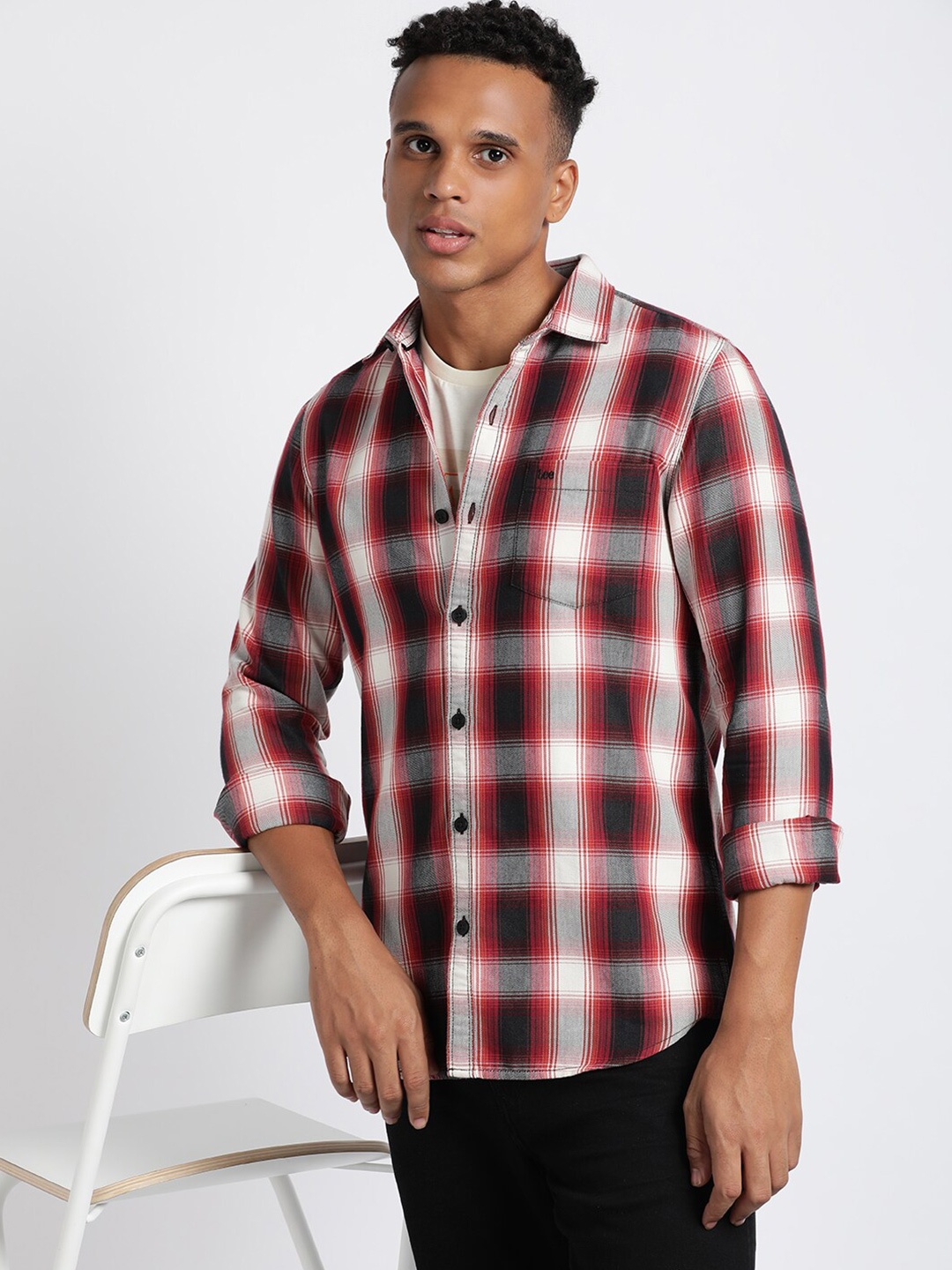 

Lee Spread Collar Slim Fit Tartan Checked Casual Cotton Shirt, Red