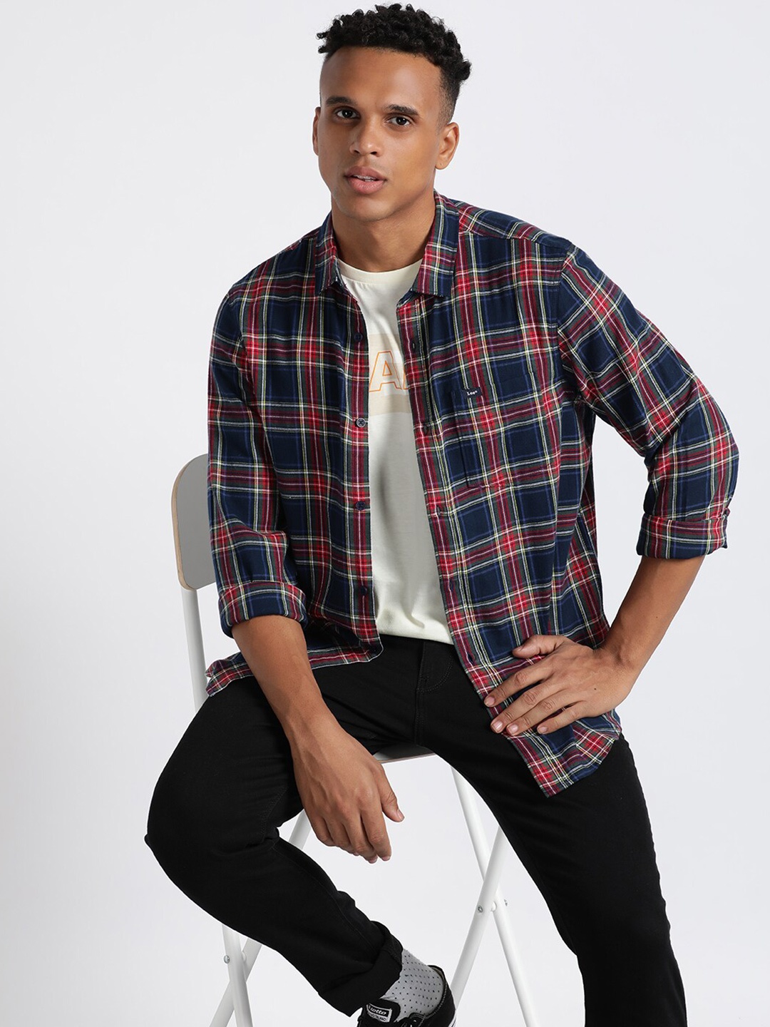 

Lee Spread Collar Classic Tartan Checked Casual Cotton Shirt, Blue