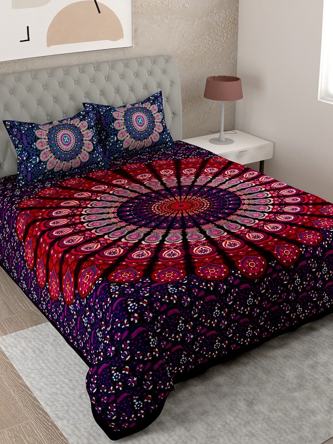 

UNIQCHOICE Purple & Red Ethnic Motifs Cotton 144 TC King Bedsheet with 2 Pillow Covers