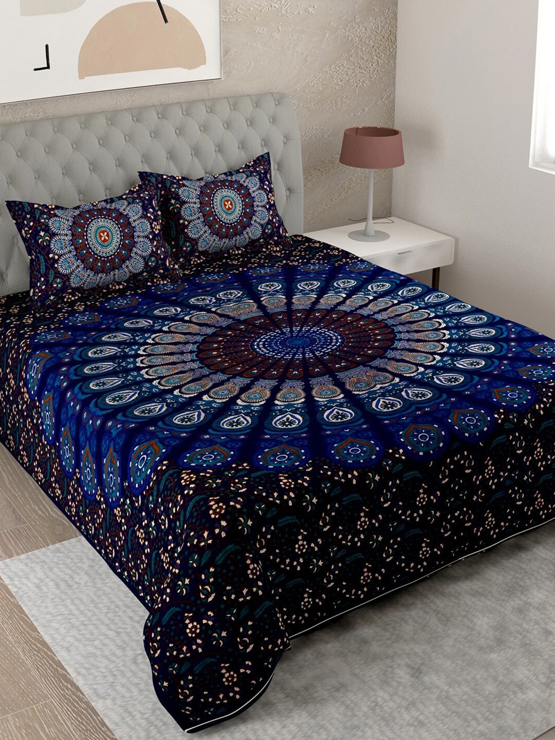 UNIQCHOICE Blue & Black Ethnic Motifs Cotton 144 TC King Bedsheet With 2 Pillow Covers