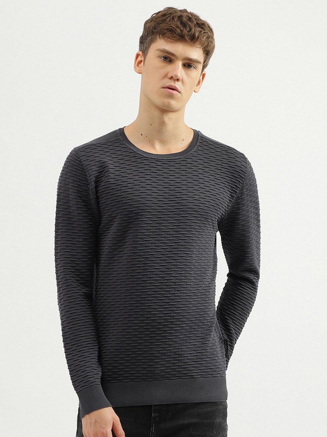 

United Colors of Benetton Self Design Cotton Pullover Sweater, Charcoal