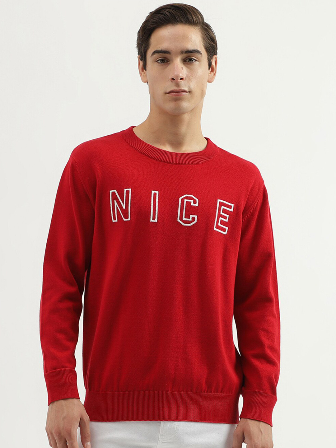 

United Colors of Benetton Typography Embroidered Cotton Pullover Sweater, Red