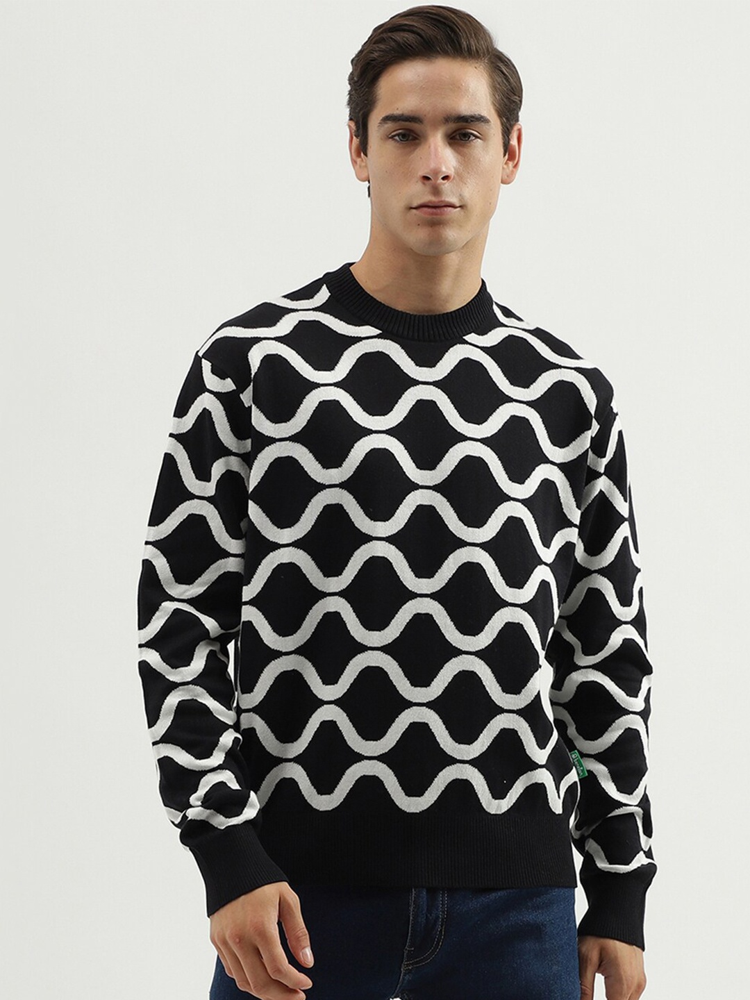 

United Colors of Benetton Geometric Printed Cotton Pullover Sweater, Black