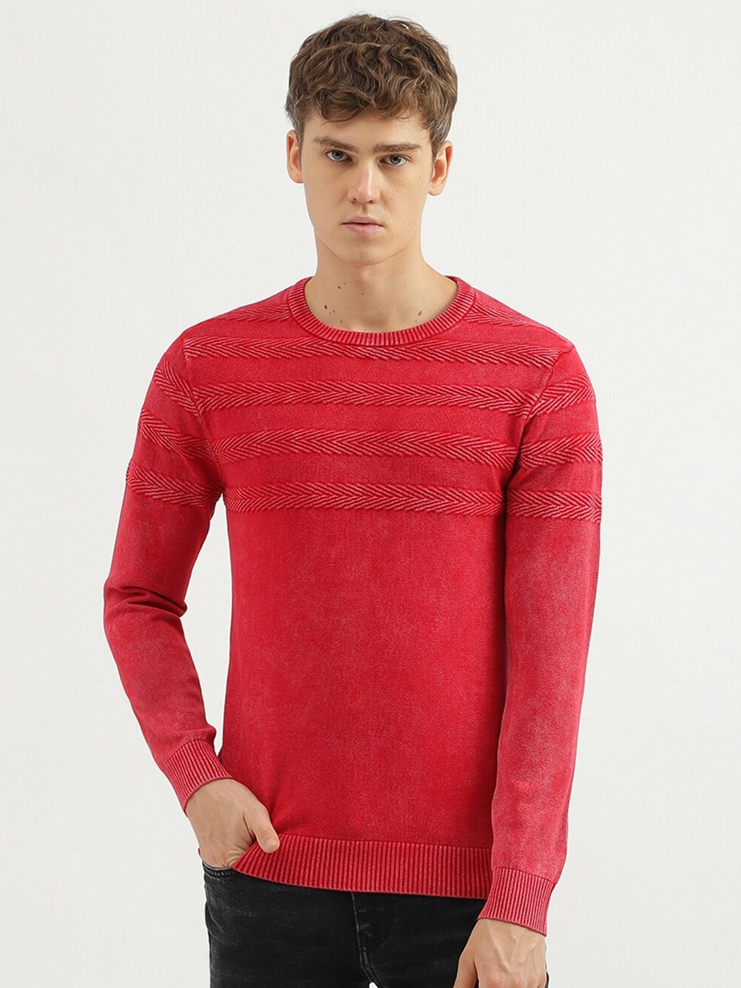 

United Colors of Benetton Self Design Cotton Pullover Sweater, Red