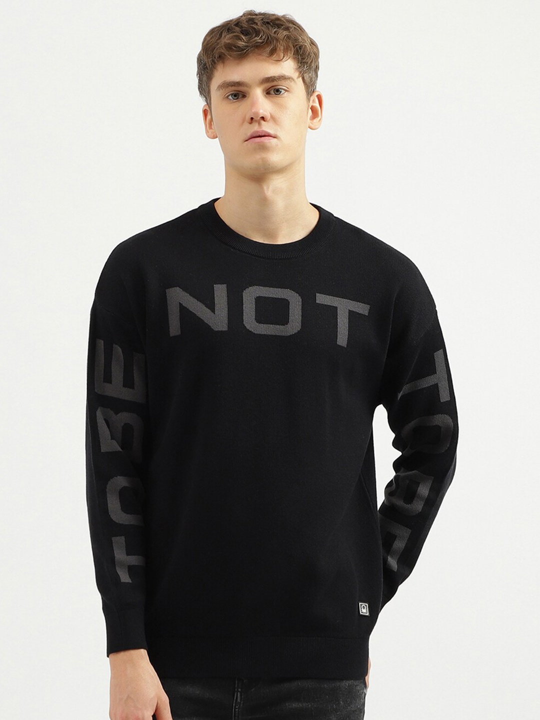 

United Colors of Benetton Typography Printed Cotton Pullover Sweater, Black