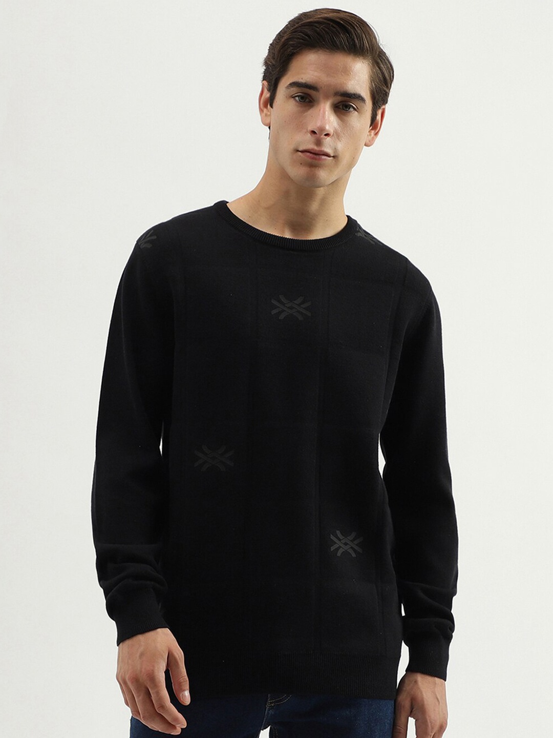 

United Colors of Benetton Geometric Printed Cotton Pullover Sweater, Black