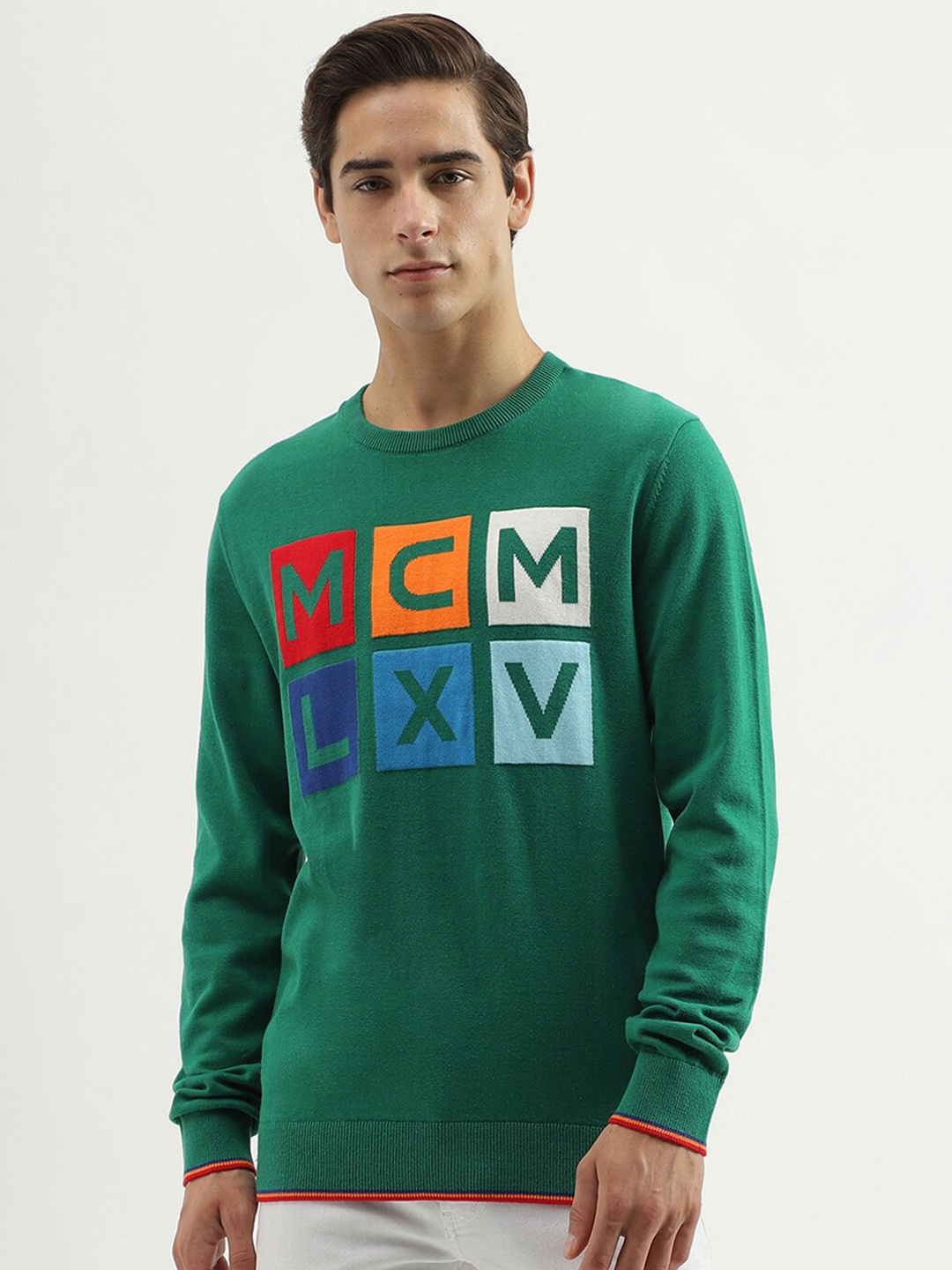 

United Colors of Benetton Typography Printed Cotton Pullover Sweater, Green
