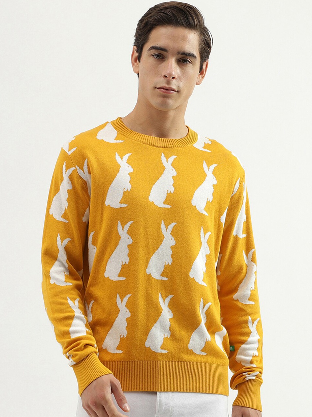 

United Colors of Benetton Conversational Printed Cotton Pullover Sweater, Yellow