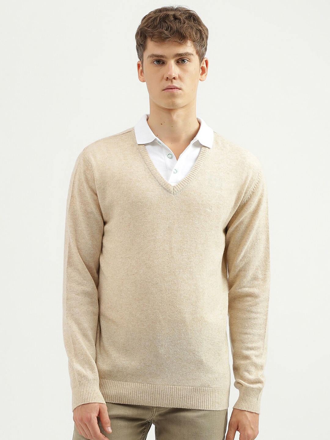 

United Colors of Benetton V-Neck Ribbed Pullover Wool Sweater, Beige