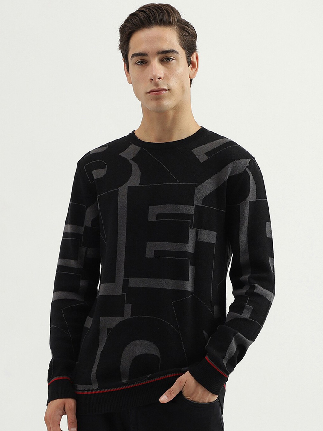 

United Colors of Benetton Geometric Printed Cotton Pullover Sweater, Black