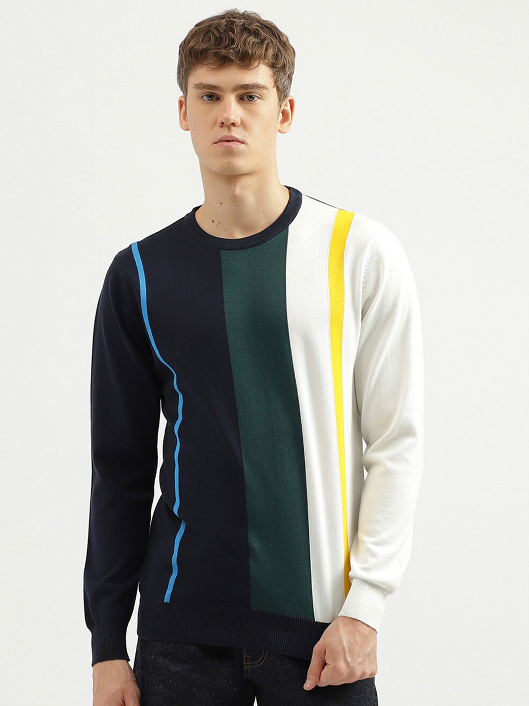 

United Colors of Benetton Striped Cotton Pullover Sweater, Black